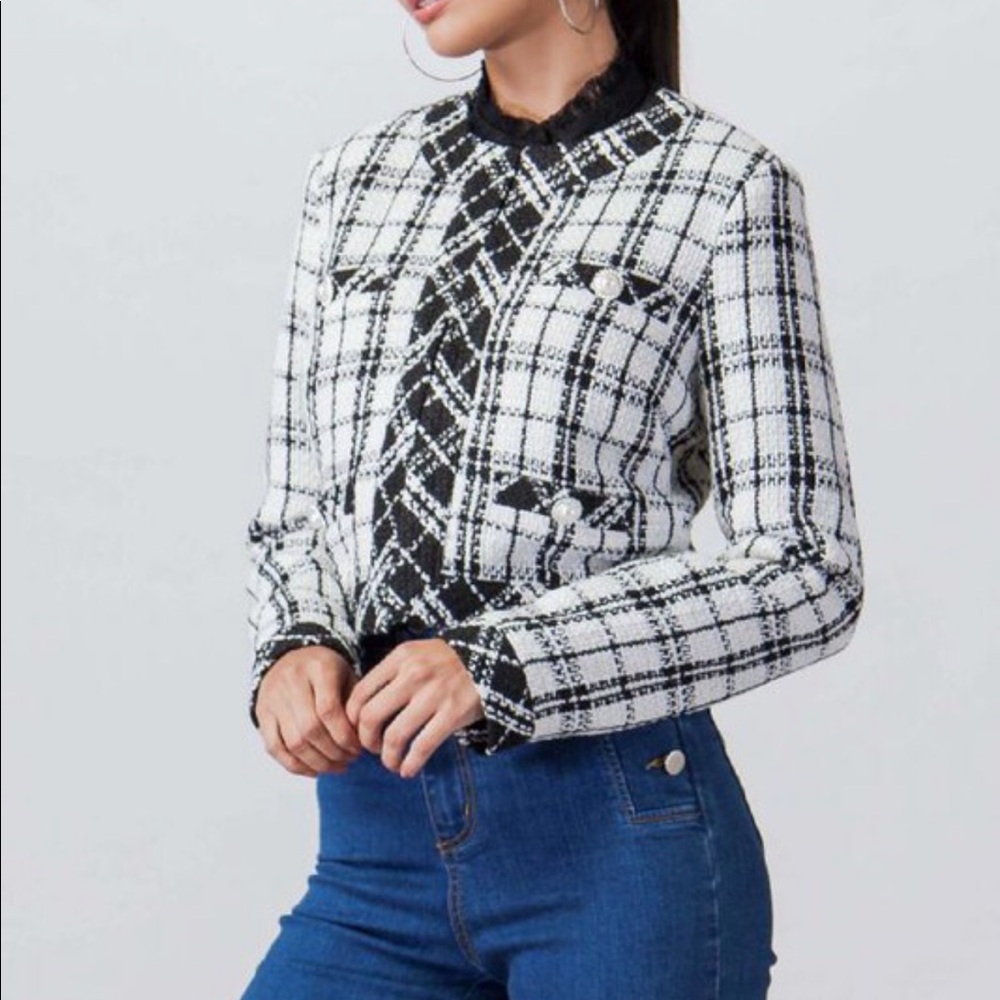Tweed black and white blazer button down jacket - Picture 3 of 6